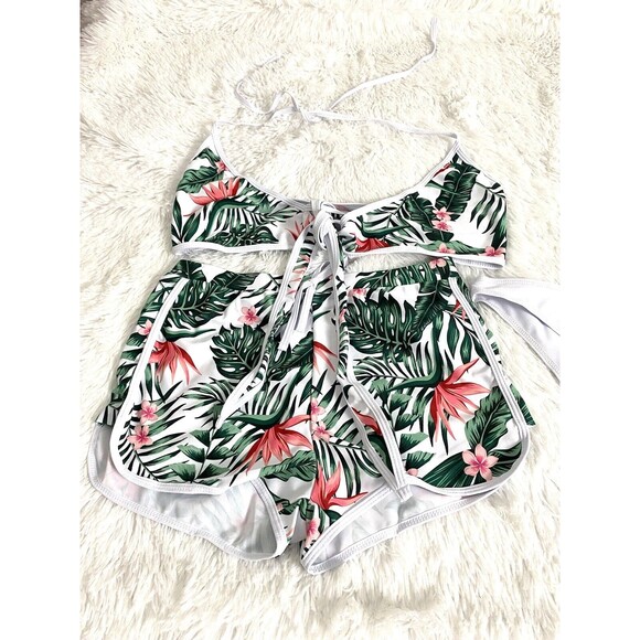 SweatyRocks Womens Three Piece Swimsuit Leaf Print Wrap Halter Top Shorts Size L - Picture 3 of 11